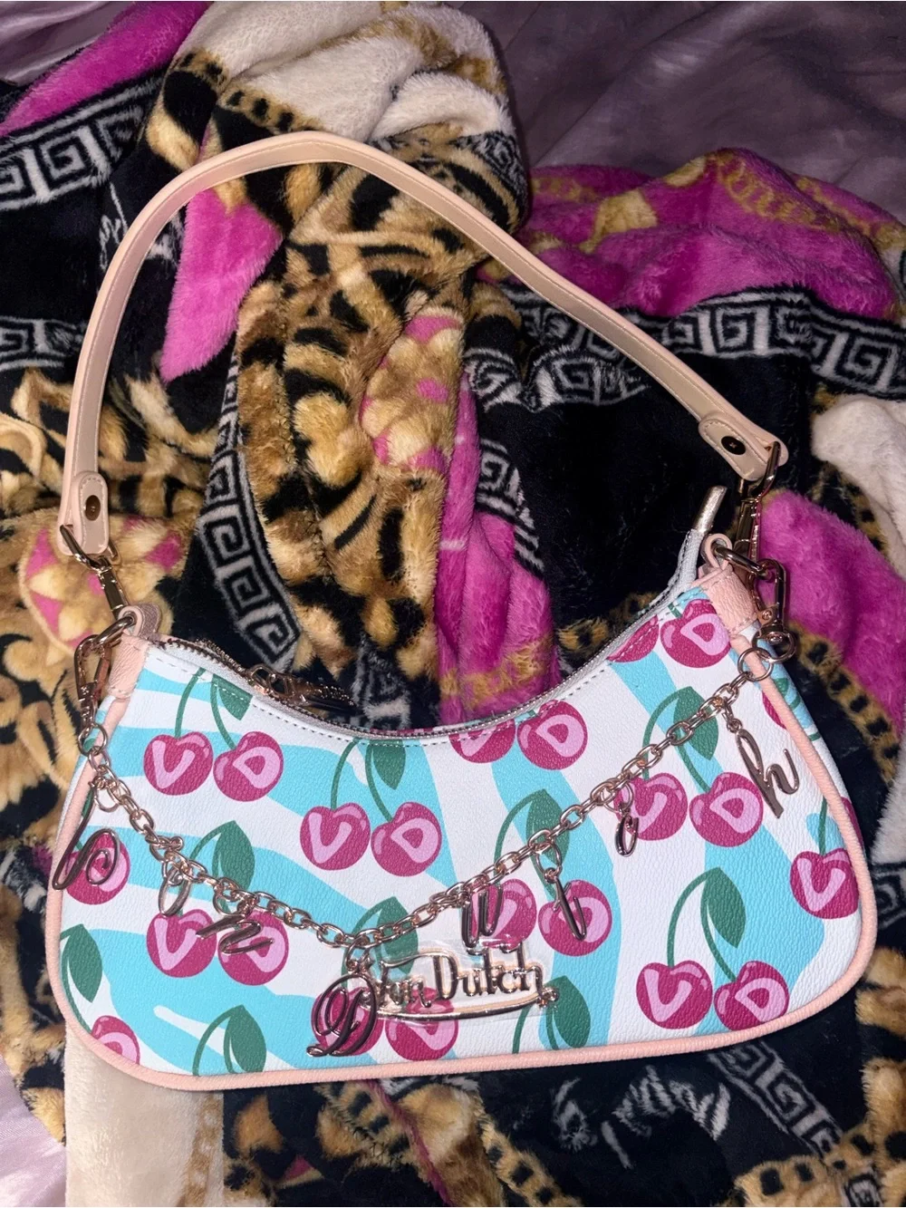Von Dutch Cherry Print Shoulder Bag in Pink and Light Blue